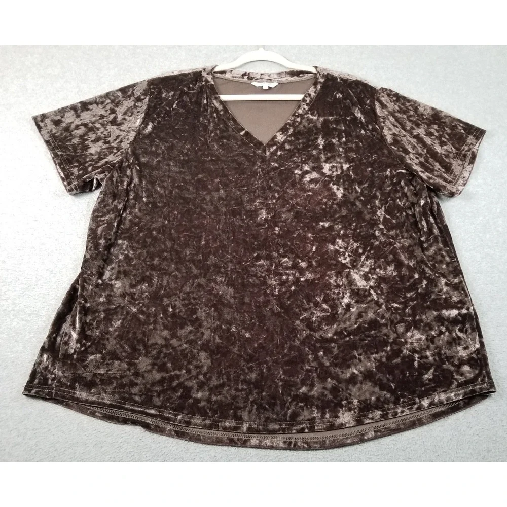 Amaryllis Top‎ Women's 3X Plus Brown Crushed Velvet Short Sleeve Blouse Stretch